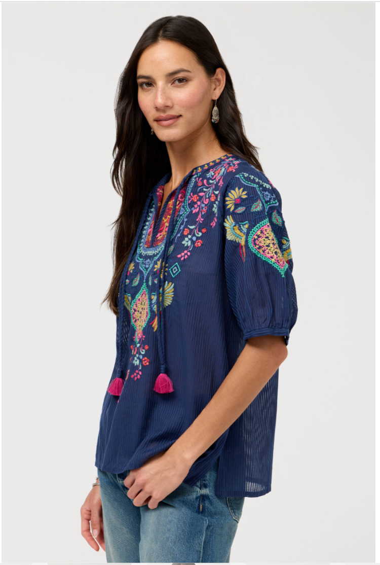 Johnny Was Margot Short Sleeve Blouse Blue Night