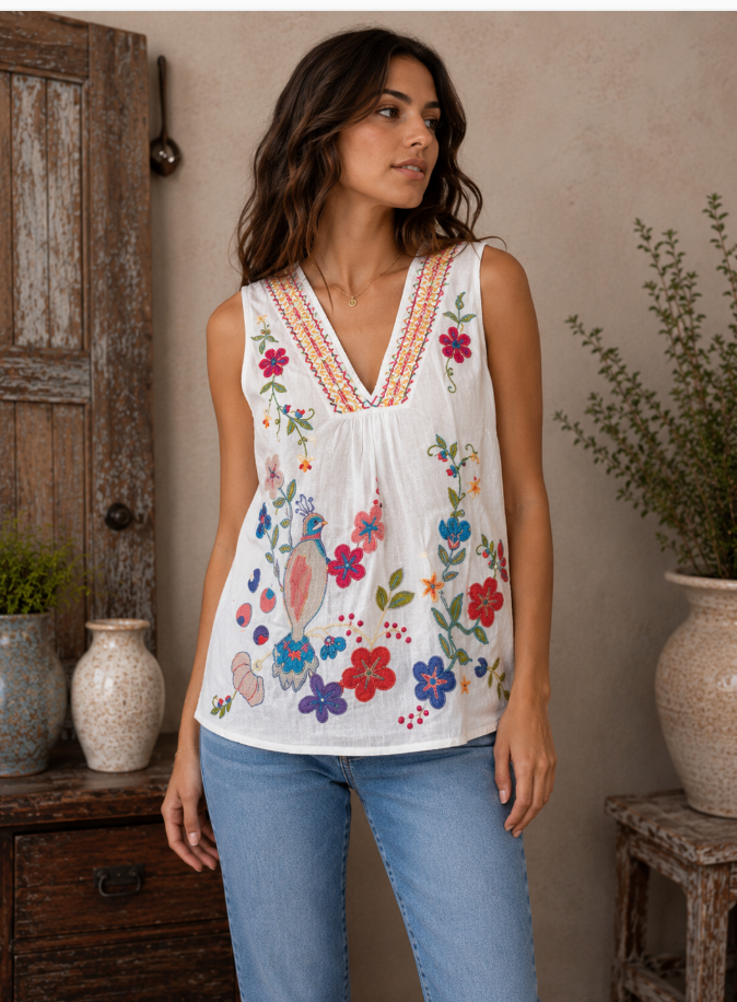 Johnny Was V-Neck Shirred Linen Tank-Estrelle