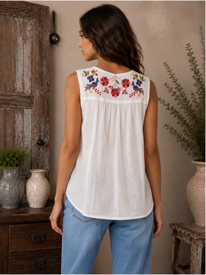Johnny Was V-Neck Shirred Linen Tank-Estrelle