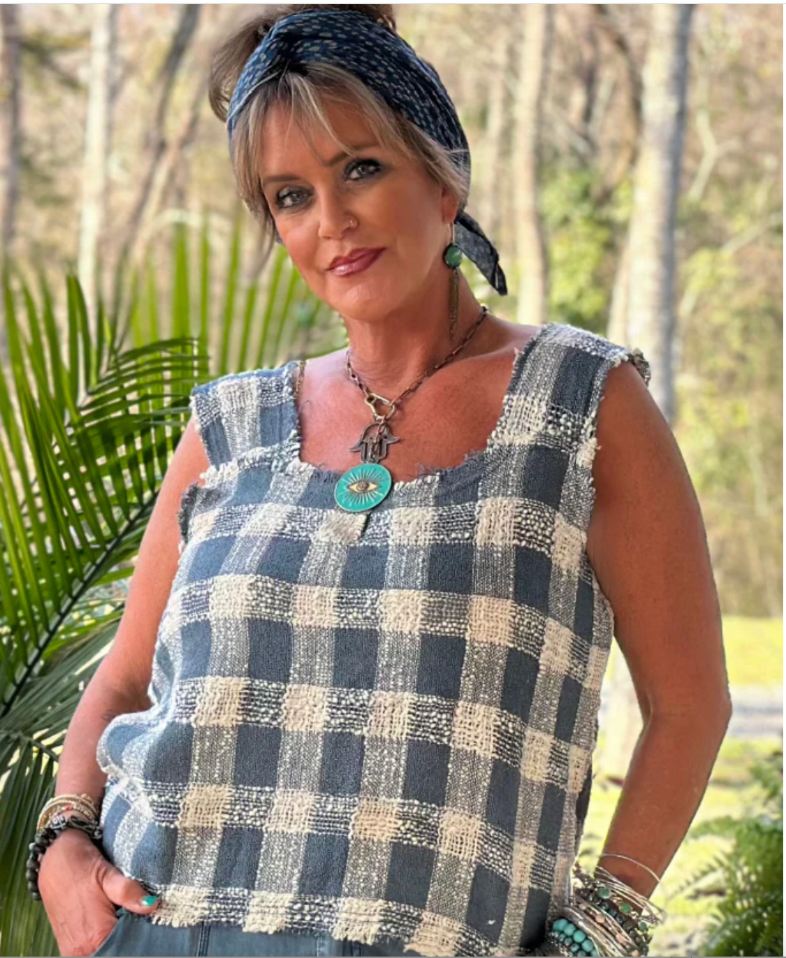 Jaded Gypsy Weaving About Tank-Navy Gingham