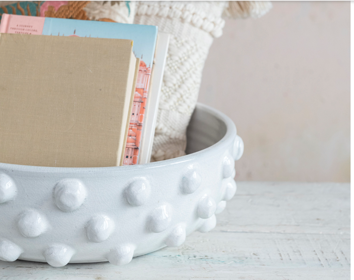 Decorative Terra-cotta Bowl w/ Raised Dots, White
