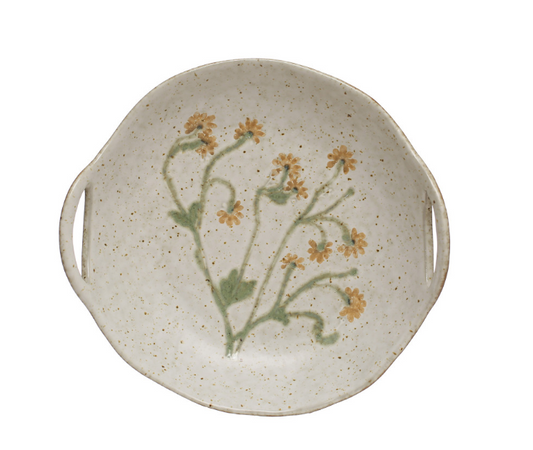 Hand-Painted Stoneware Bowl w/ Handles & Botanicals