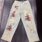 Paper Lace Floral Appliqué Light Denim Pants