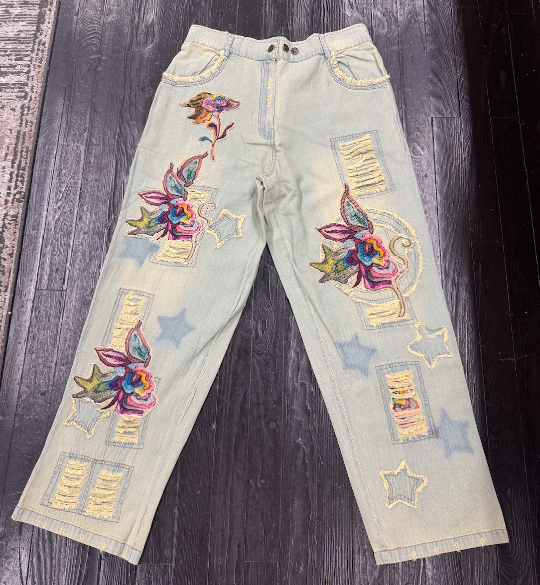 Paper Lace Floral Appliqué Light Denim Pants