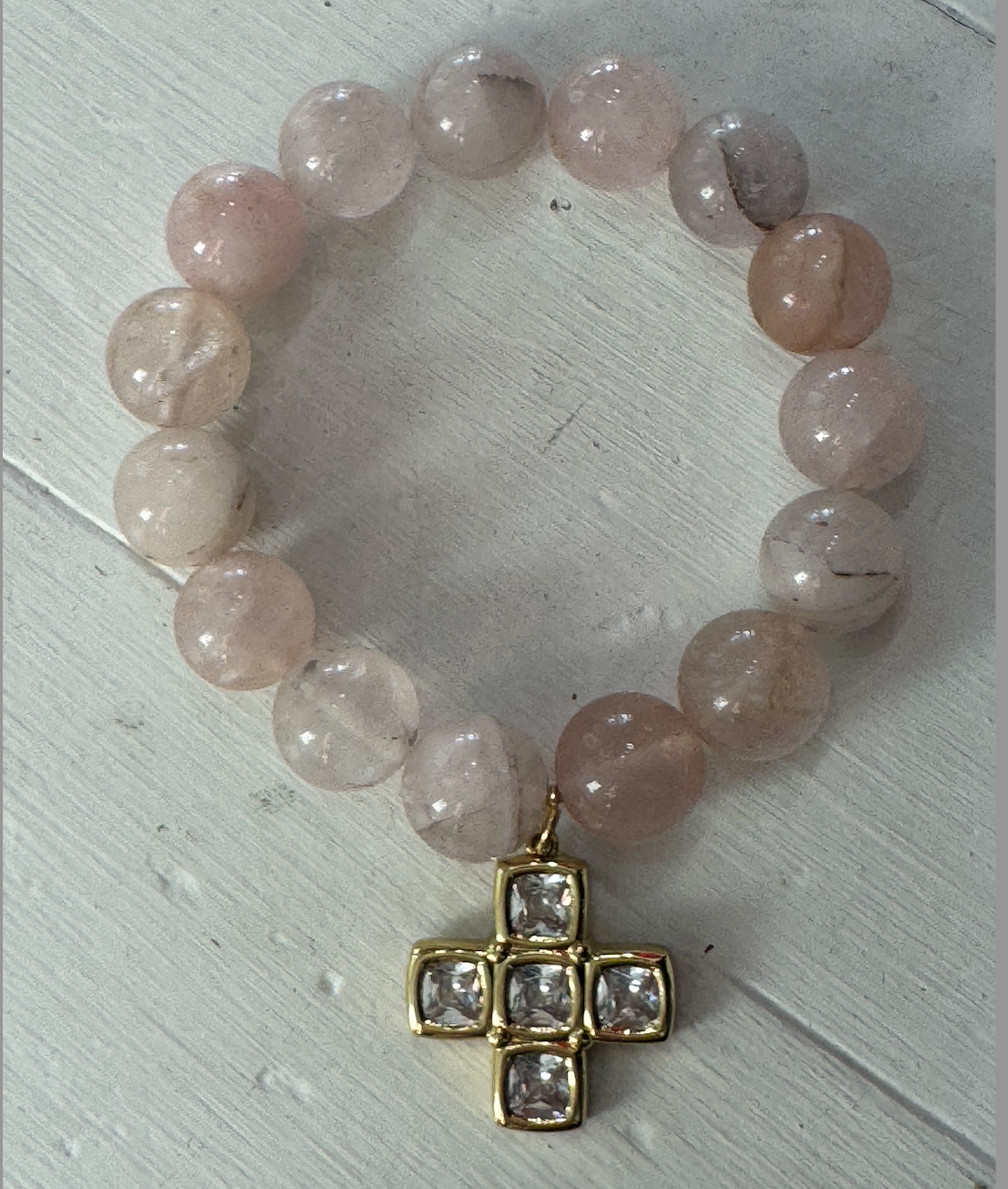 Strawberry Quartz Gemstone Bracelet with Gold-Plated CZ Cross Charm