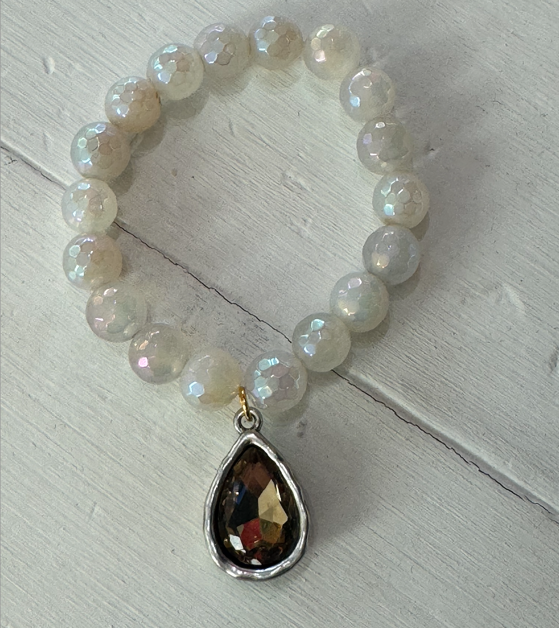 Coated White Agate Bracelet with Dark Gold Crystal Teardrop Charm