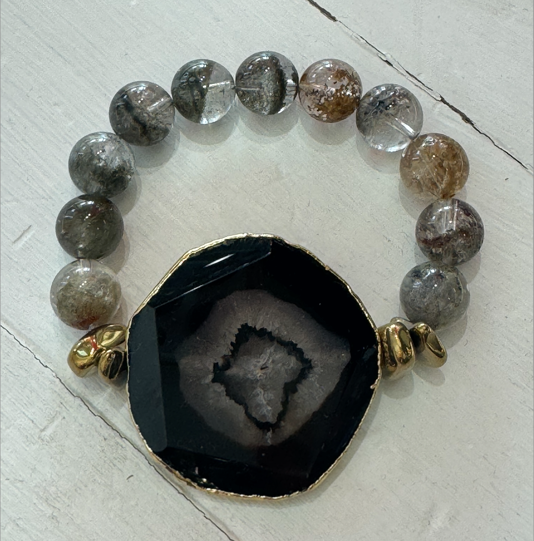 Phantom Agate Bead Statement Bracelet with Black Agate Center Stone