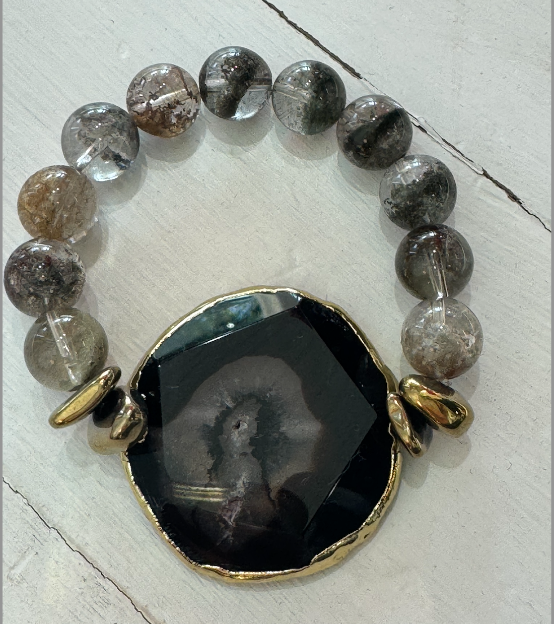 Phantom Agate Bead Statement Bracelet with Black Agate Center Stone