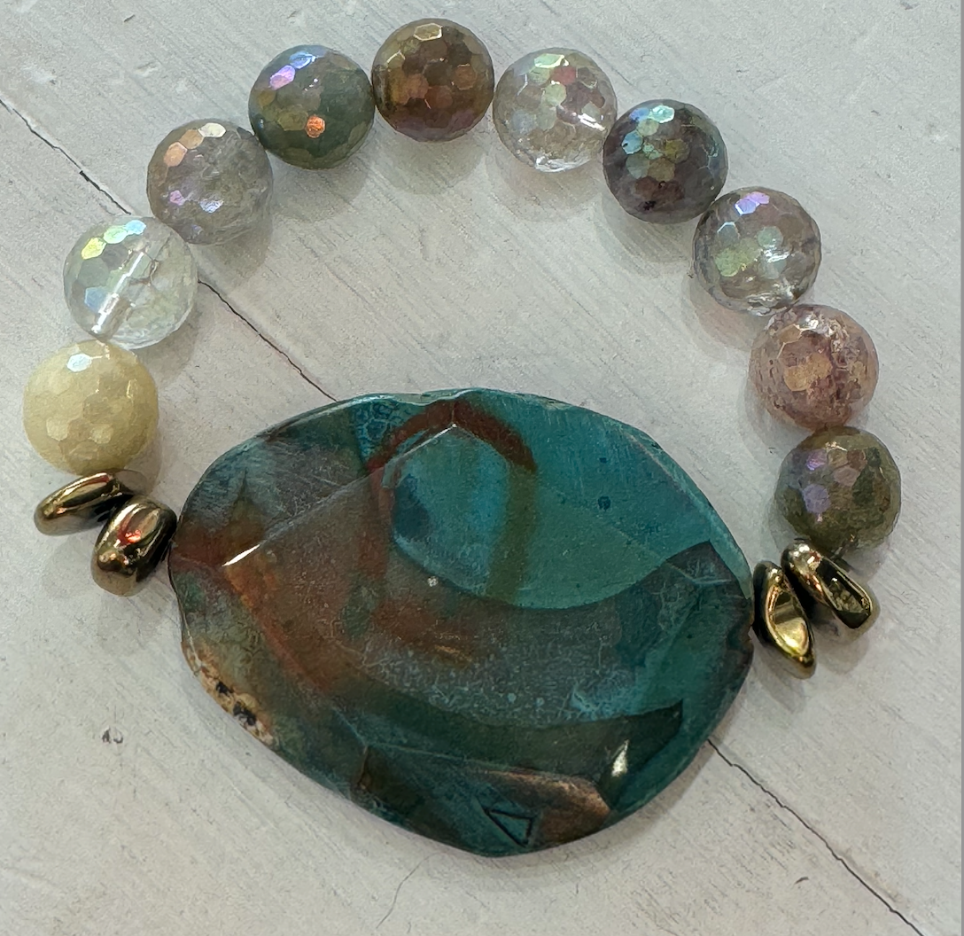 Green Jasper, Coated Agate & Gold Hematite Bracelet