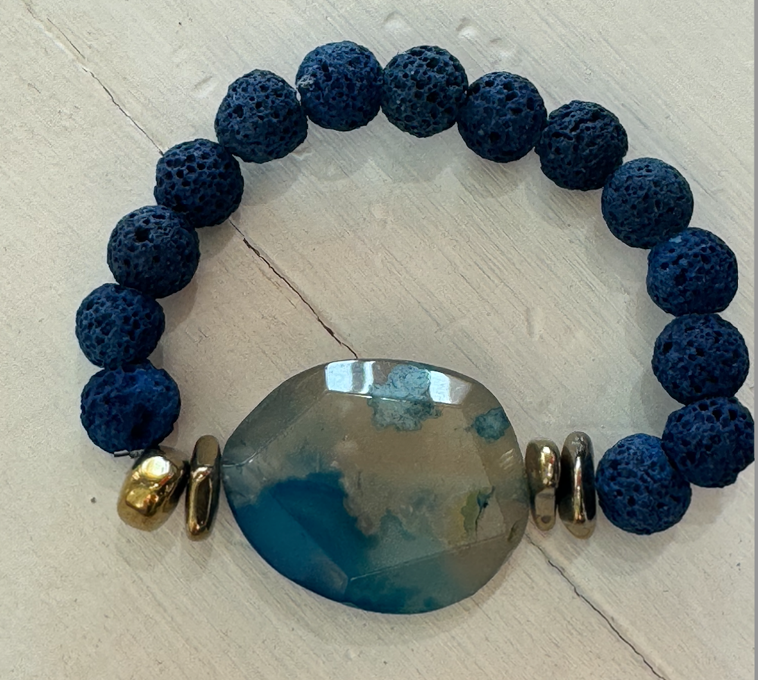 Blue Agate, Lava Rock & Gold Hematite Bracelet