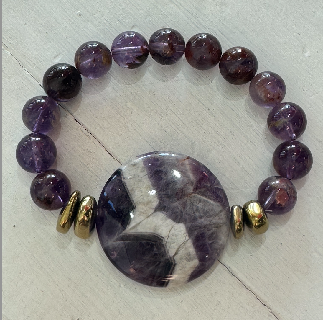 Plum Jasper, African Glass & Gold Hematite Bracelet