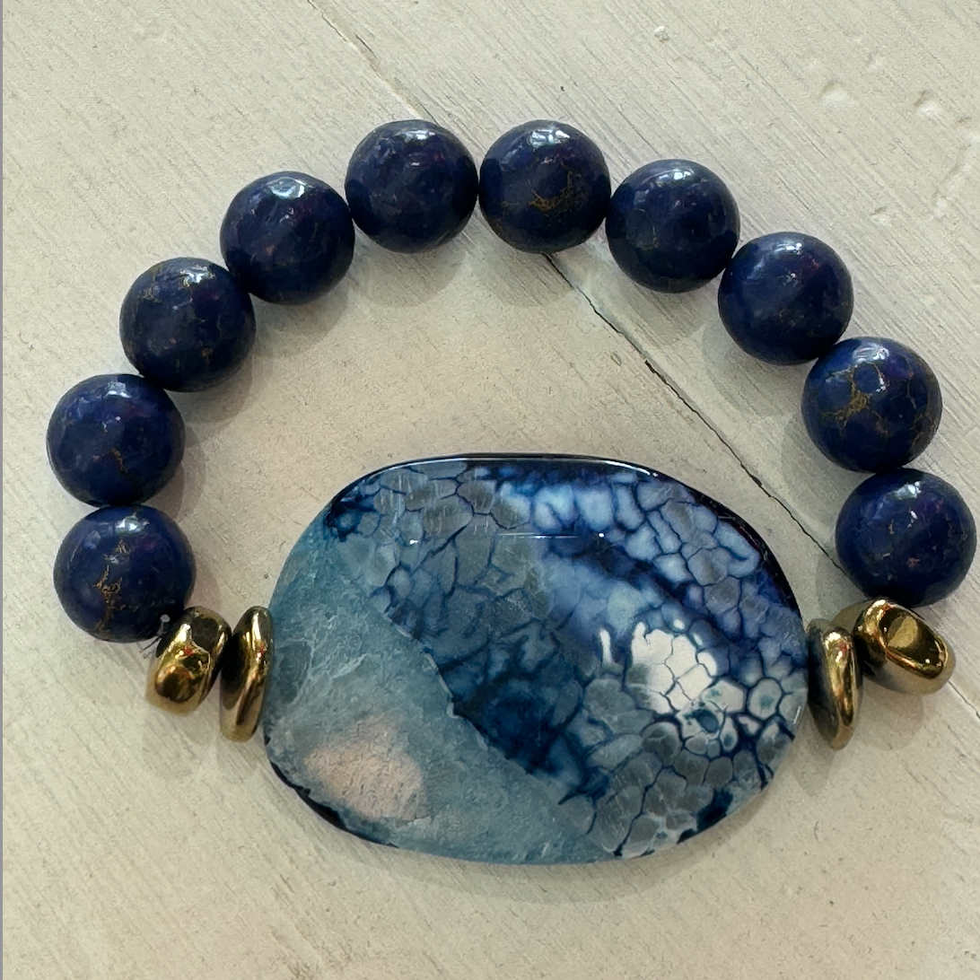 One-of-a-Kind Blue Agate, Sodalite & Gold Hematite Bracelet