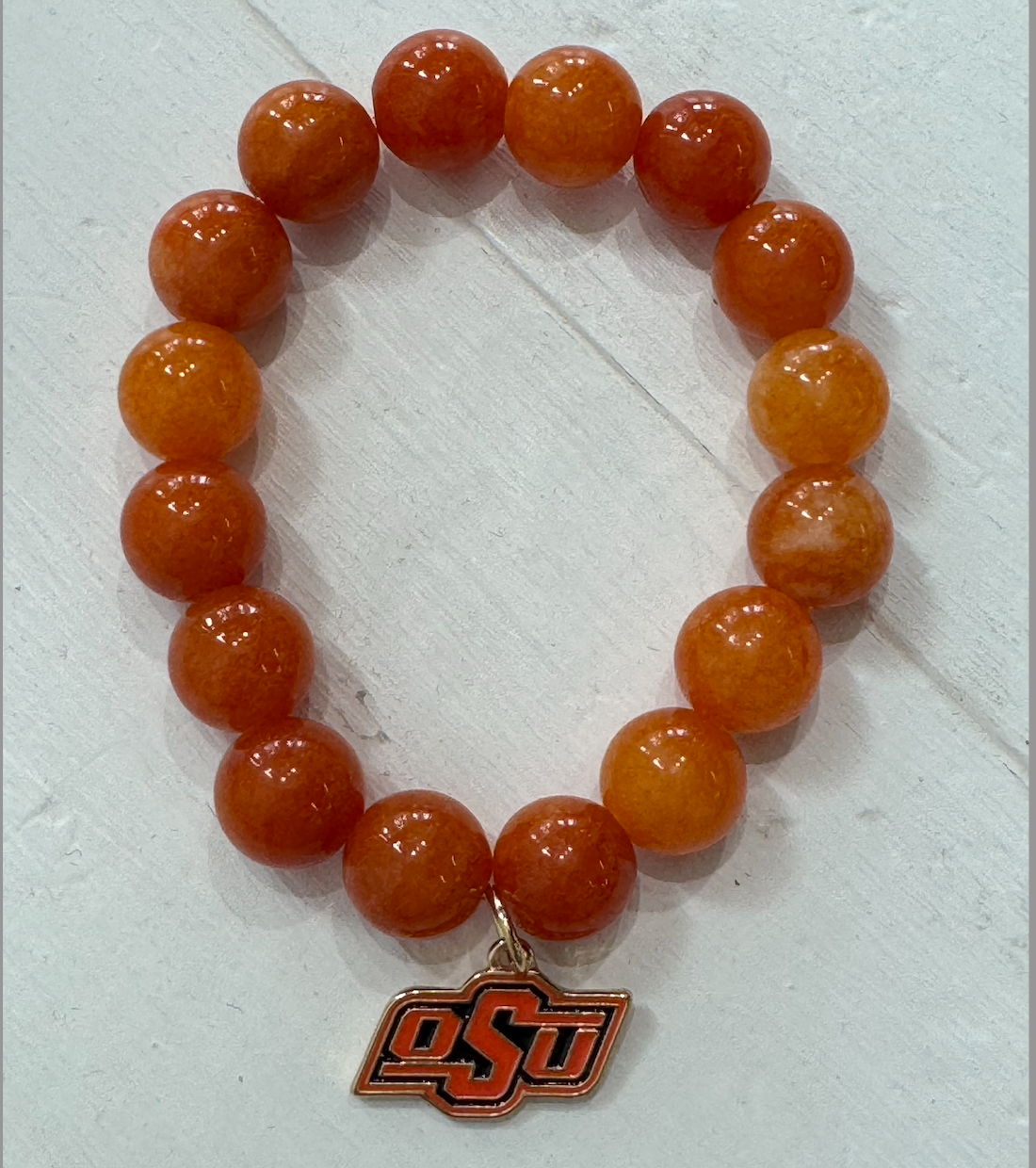 Oklahoma State Charm Bracelet with Malaysian Jade Beads
