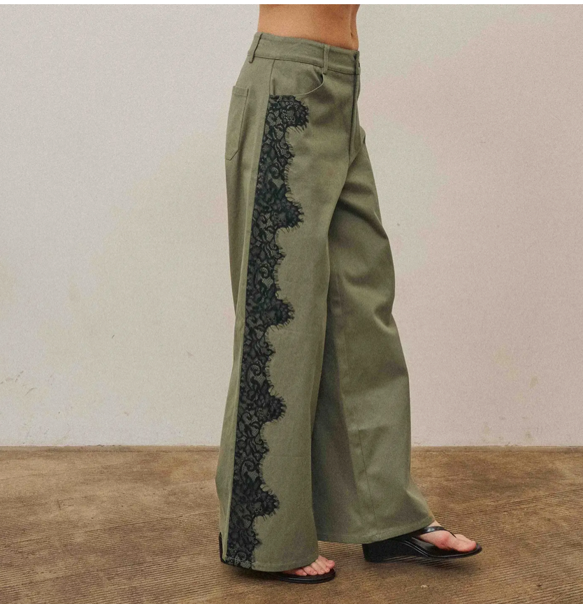 Olive Twill Pants With Lace