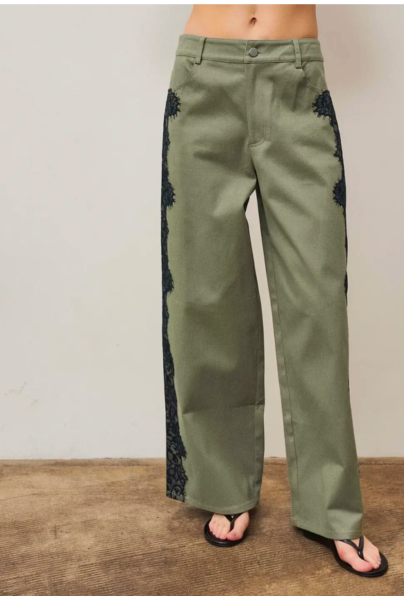 Olive Twill Pants With Lace