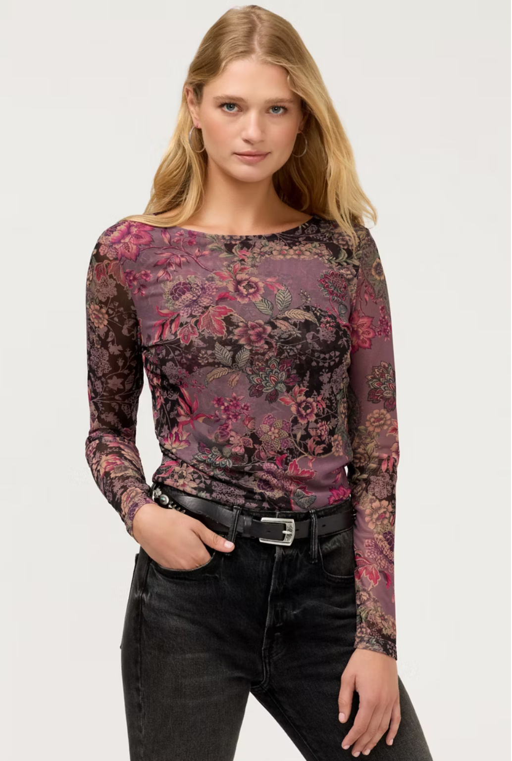Johnny Was Long Sleeve Boat Neck Mesh Tee- Jemma