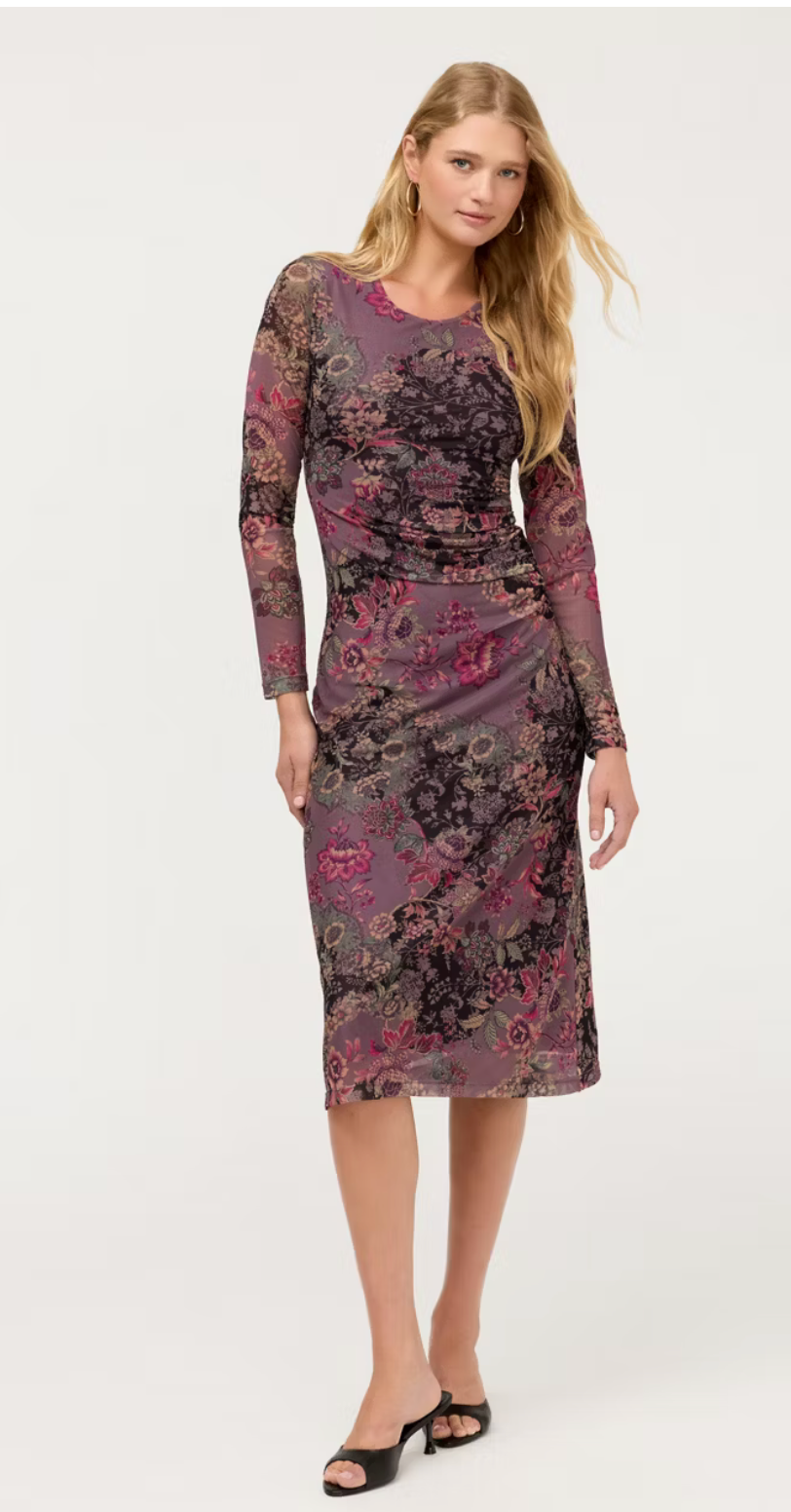 Johnny Was Long Sleeve Ruched Front Mesh Midi Dress