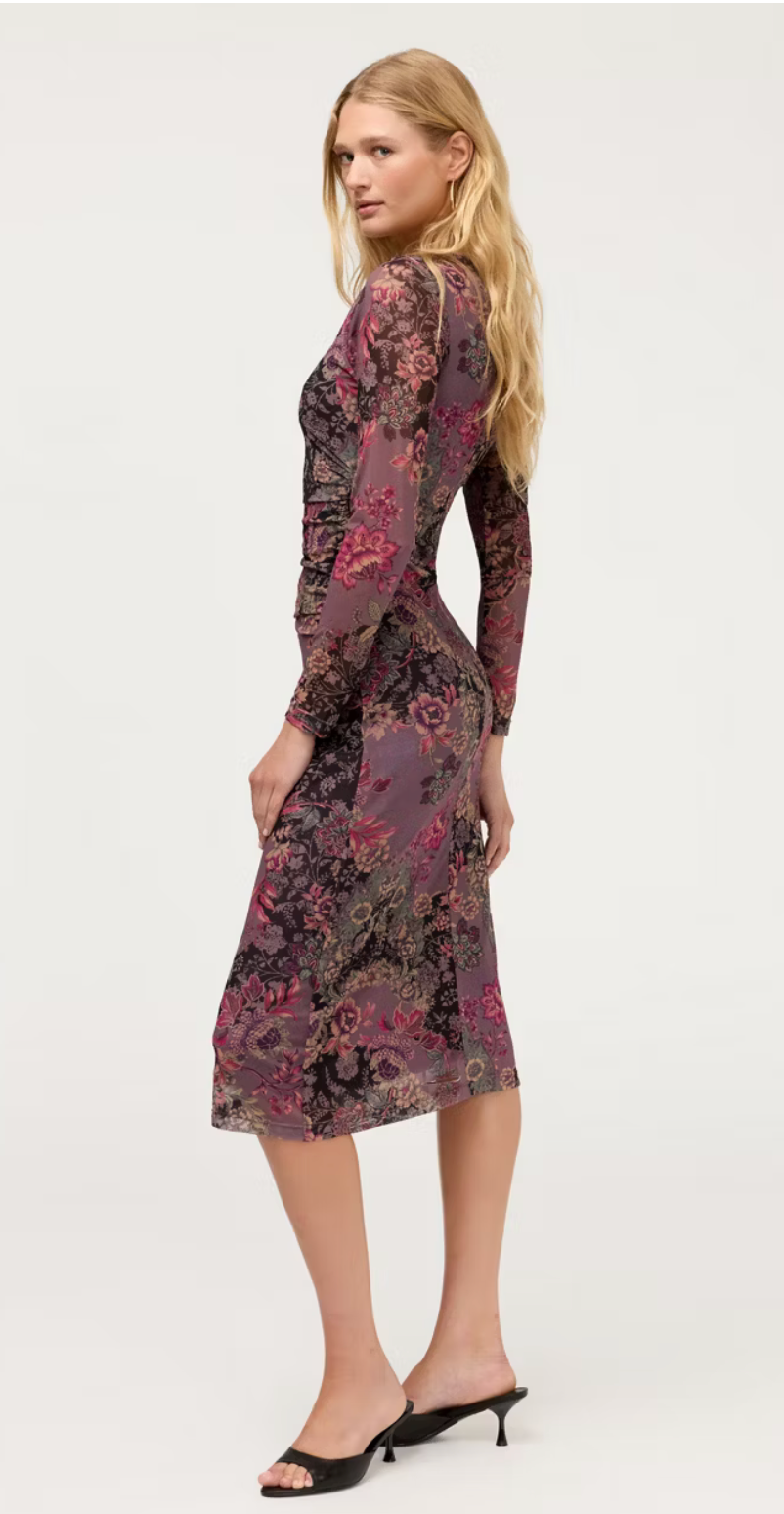 Johnny Was Long Sleeve Ruched Front Mesh Midi Dress