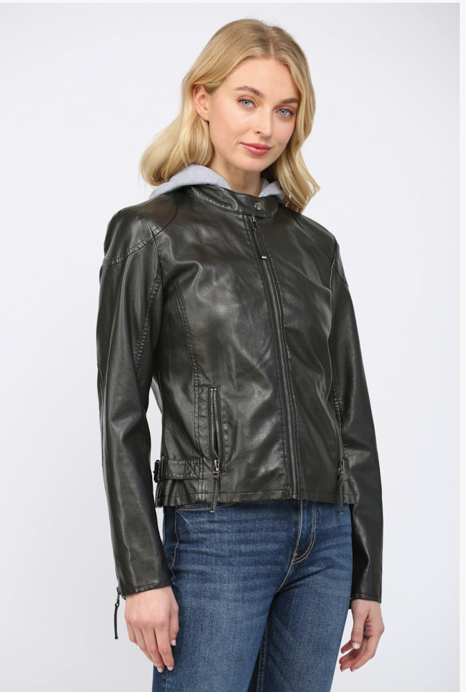 Hooded faux Leather Moto Jacket