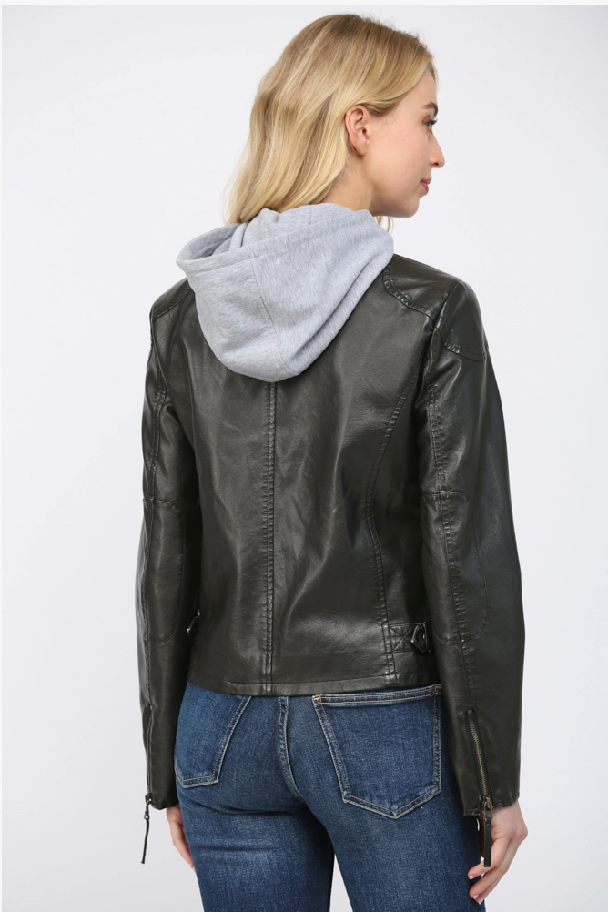 Hooded faux Leather Moto Jacket