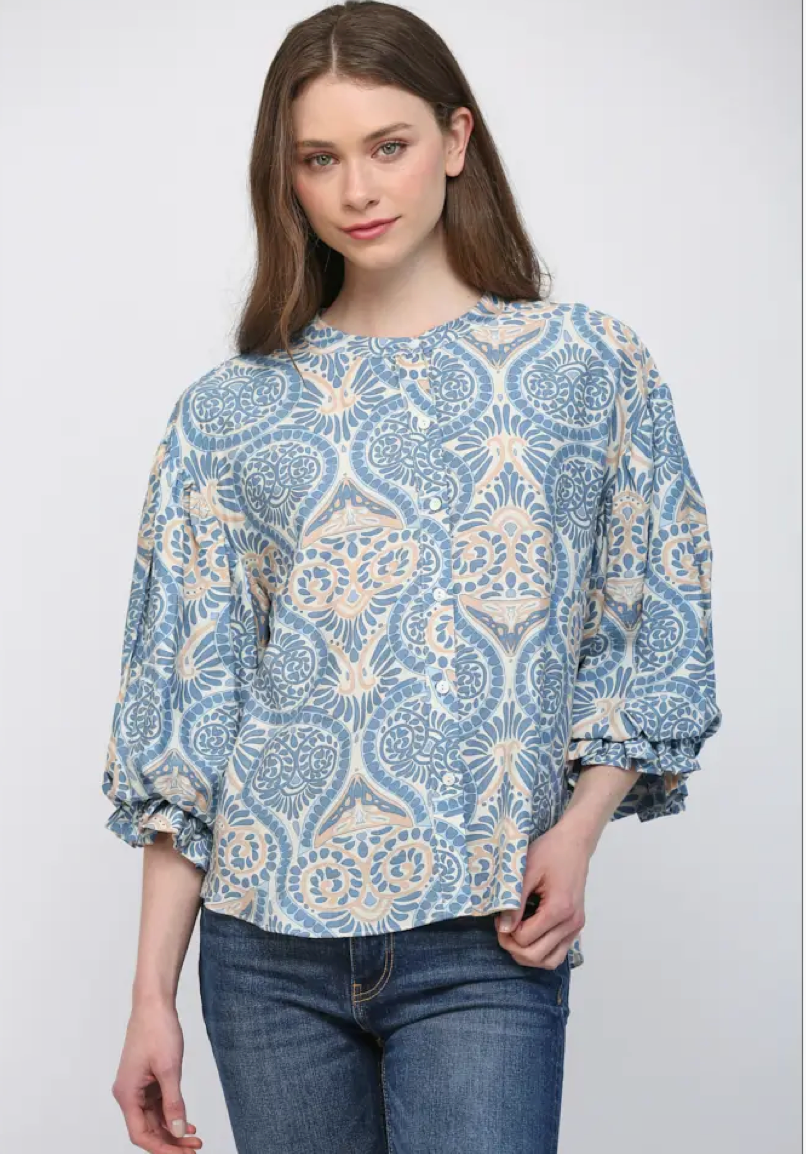 Damask Print Balloon Sleeve Blouse