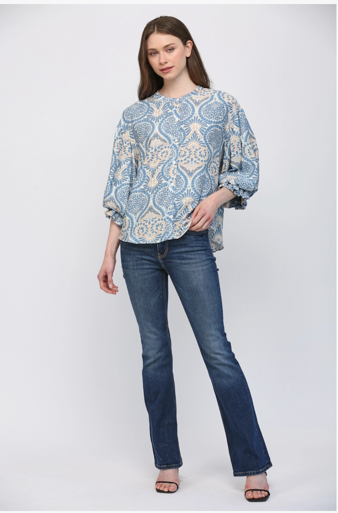Damask Print Balloon Sleeve Blouse