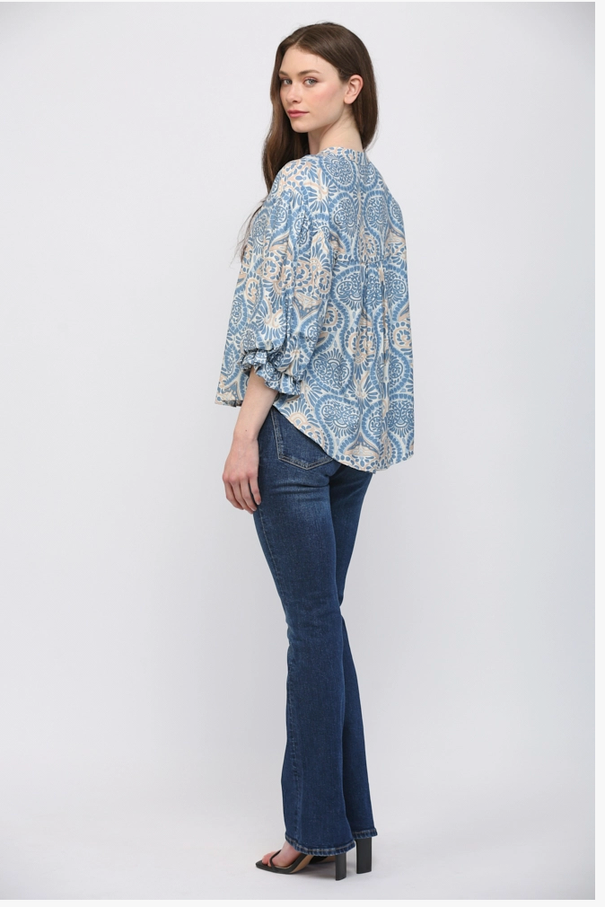 Damask Print Balloon Sleeve Blouse