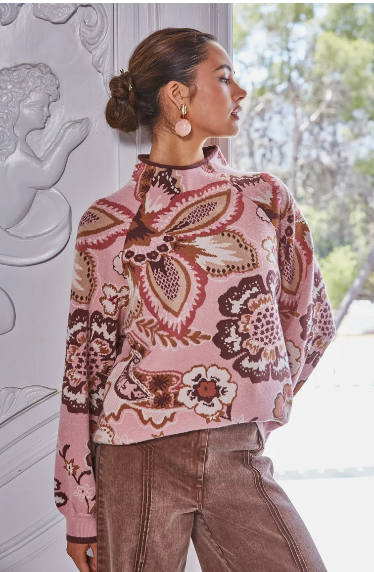 Floral and Paisley Funnel Neck Sweater