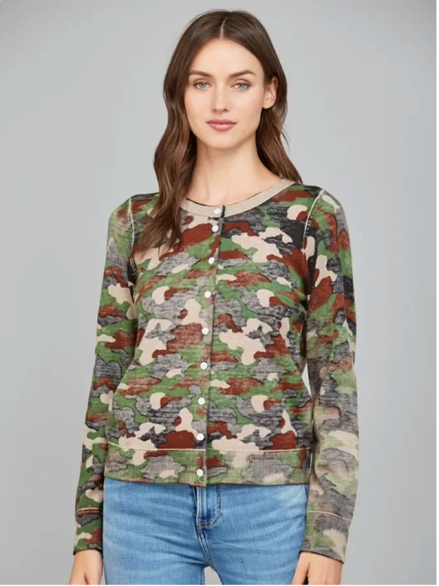 Faded Print Camo Button Down Cardigan