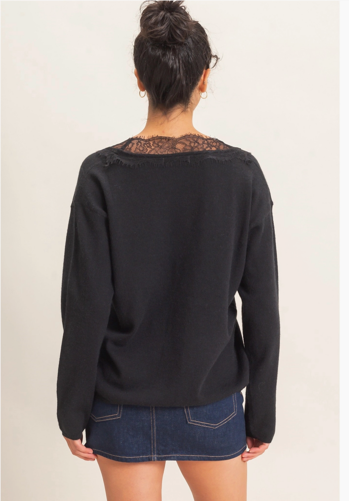 Jezebel Black Lace-Trim V-Neck Sweater