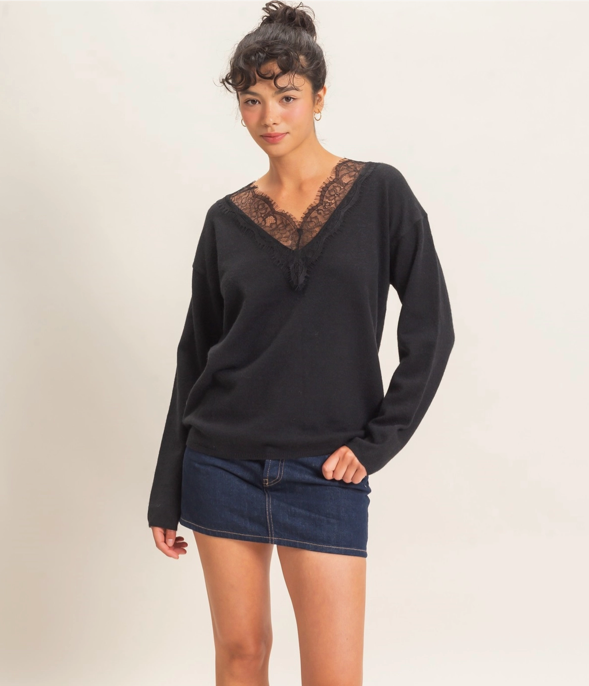Jezebel Black Lace-Trim V-Neck Sweater