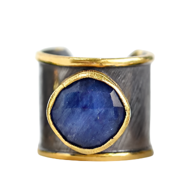 Hand Crafted Two Tone Cuff ring with Gemstones: Blue Chalcedony