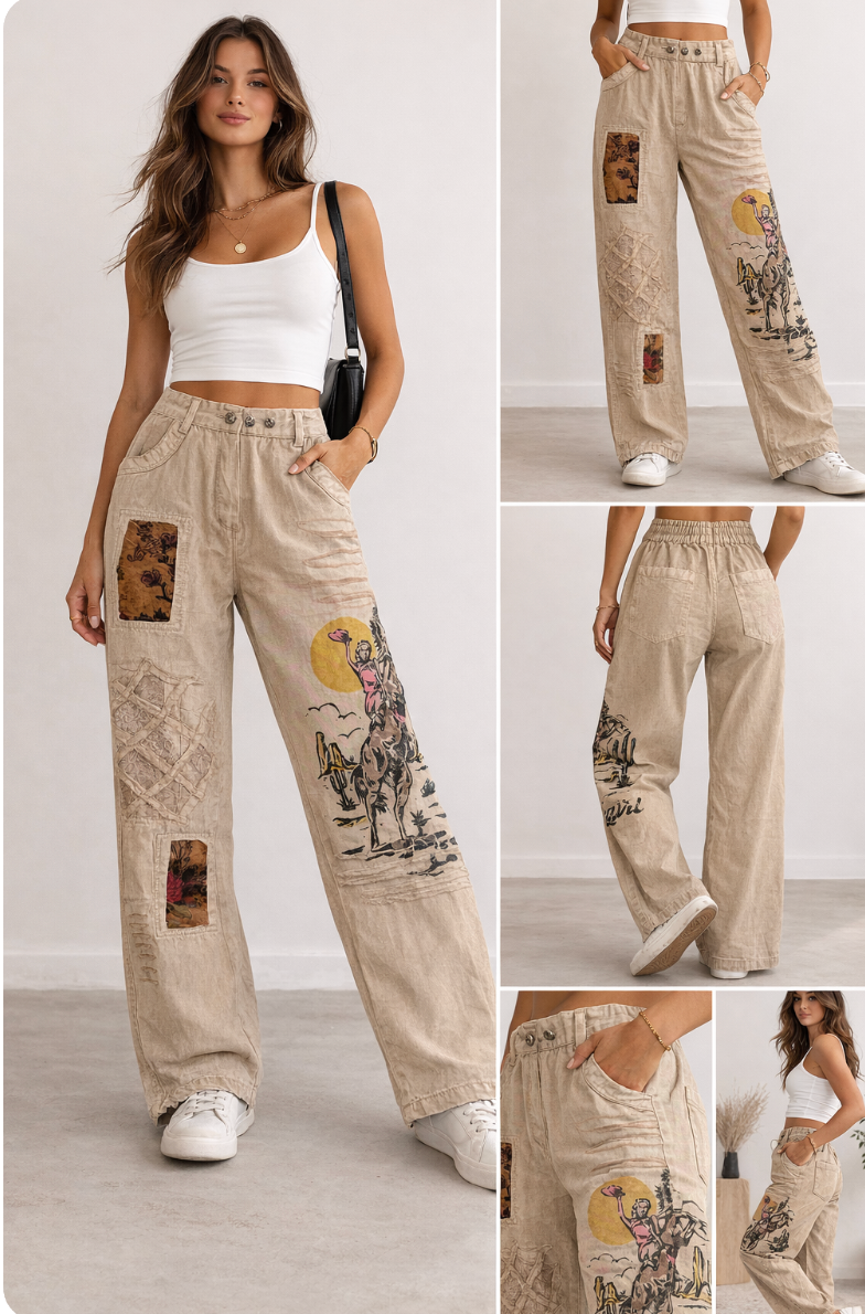 Paper Lace Cowgirl Printed Kaki Denim Pants