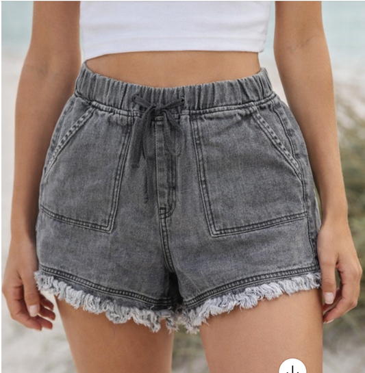ELASTIC WAIST CASUAL DENIM SHORTS: CHARCOAL