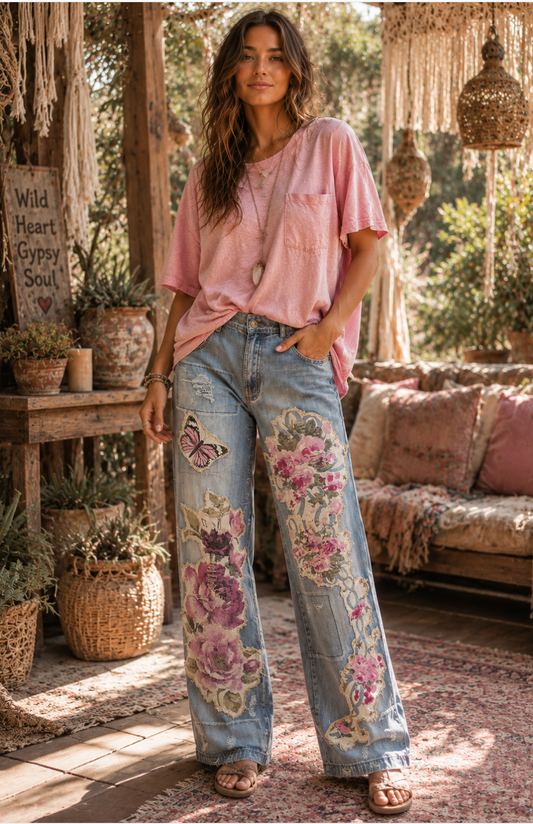 Jaded Gypsy Peace and Love Floral Gardens Jeans