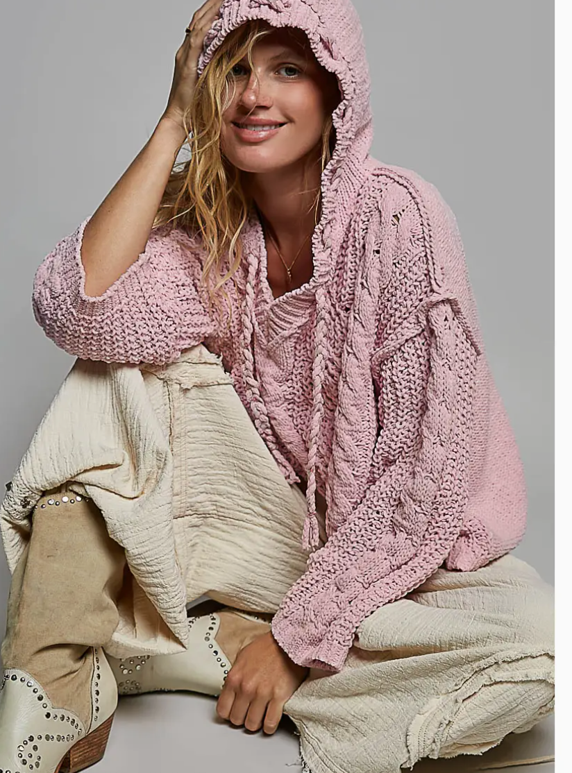 V-neck Hooded Knit Chenille Sweater