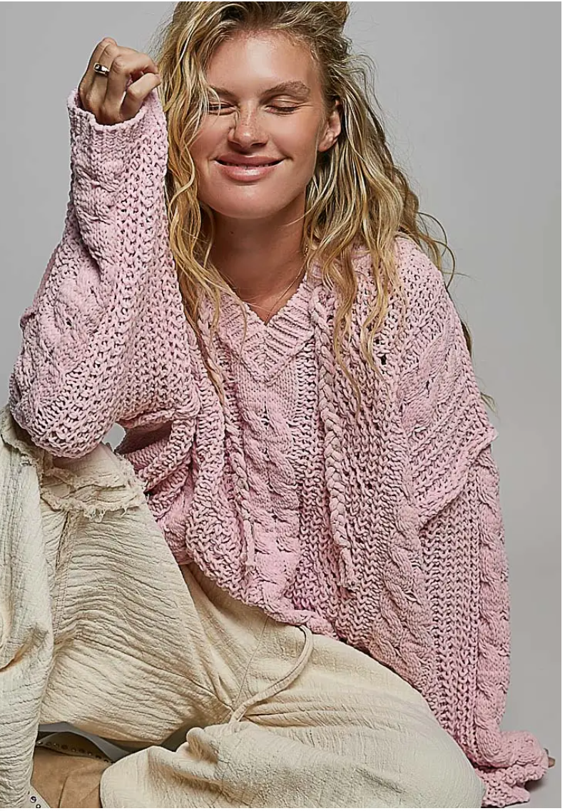 V-neck Hooded Knit Chenille Sweater