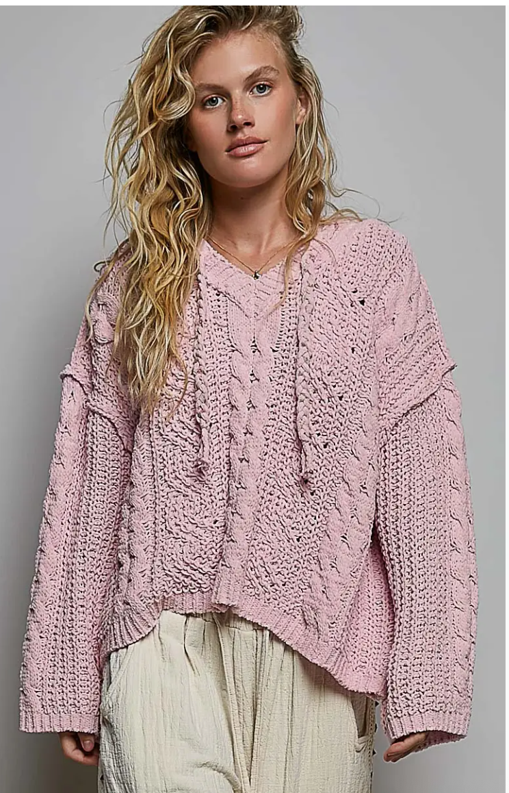 V-neck Hooded Knit Chenille Sweater