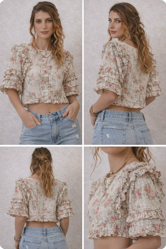 Paper Lace  Layered Ruffle Flower Print Top