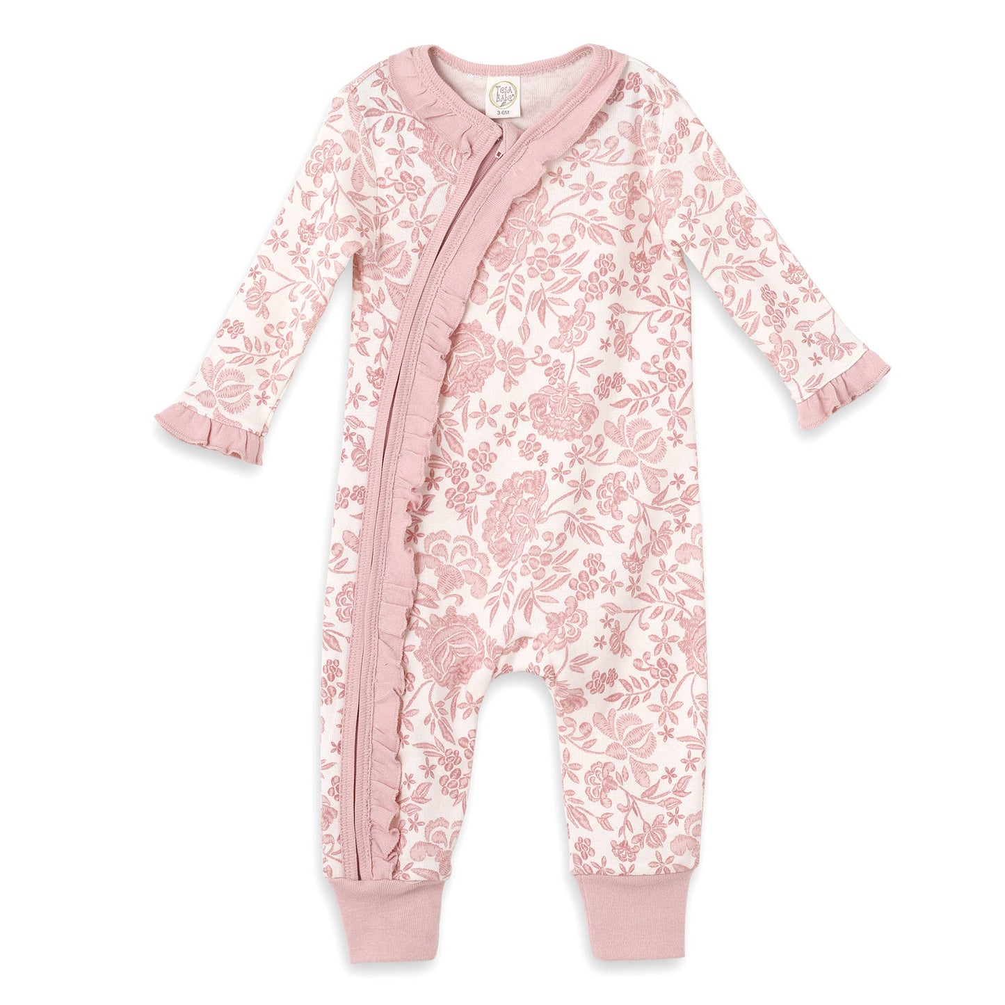 Pink Embroidery Zippered Cotton Floral Romper: 3M