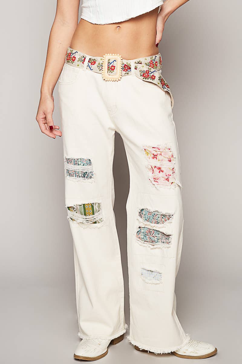 Floral pattern print square buckle belt: CREAM/RUBY / OS