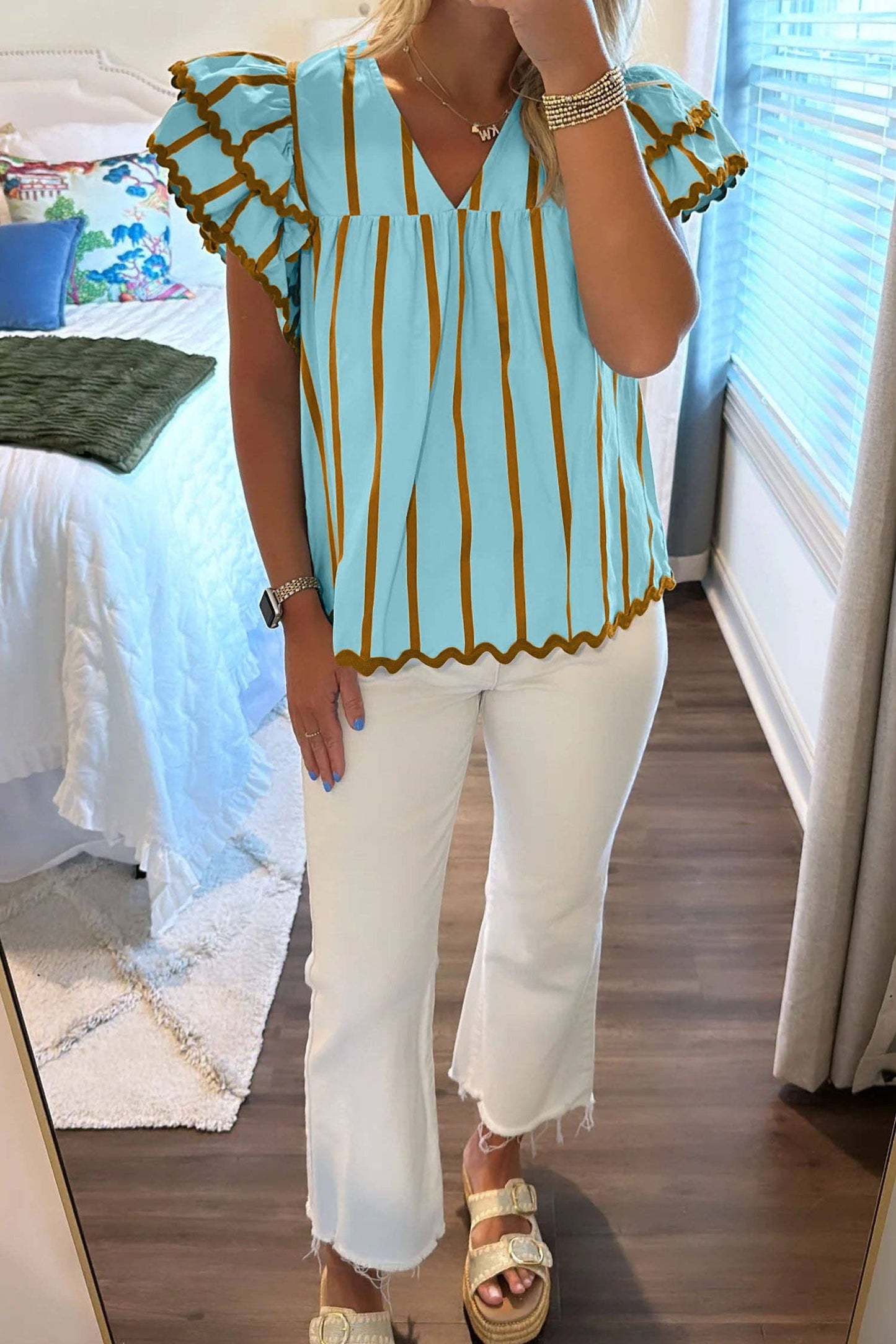 Sky Blue Double Ruffled Short Sleeve V Neck Blouse