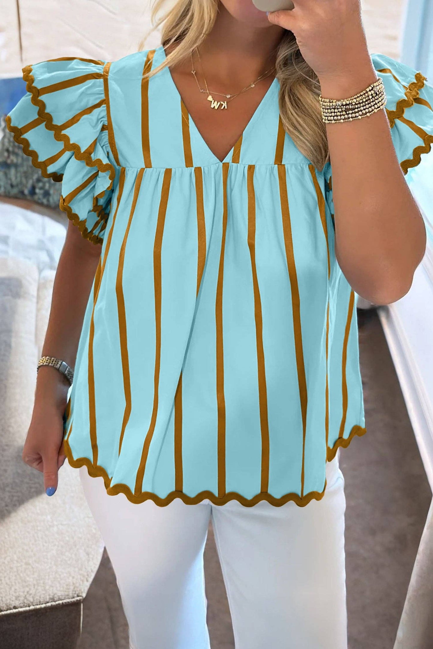 Sky Blue Double Ruffled Short Sleeve V Neck Blouse