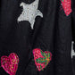 Notched Collar Star & Heart Applique Relaxed Blazer Jacket: Black / S