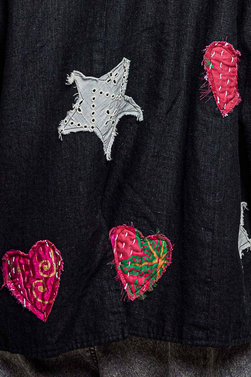Notched Collar Star & Heart Applique Relaxed Blazer Jacket: Black / S