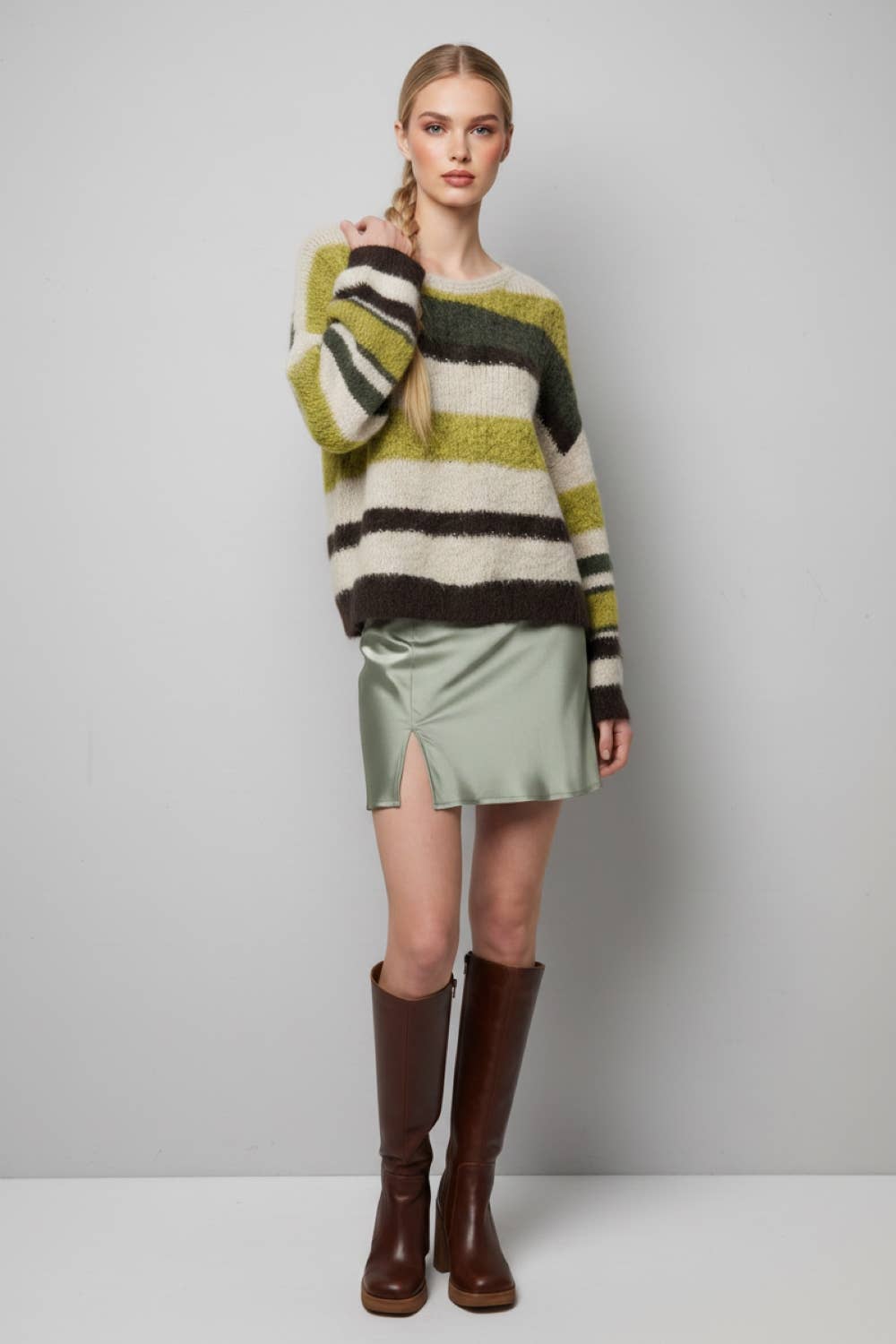 Brushed Stripe Knit Sweater in Multi Green