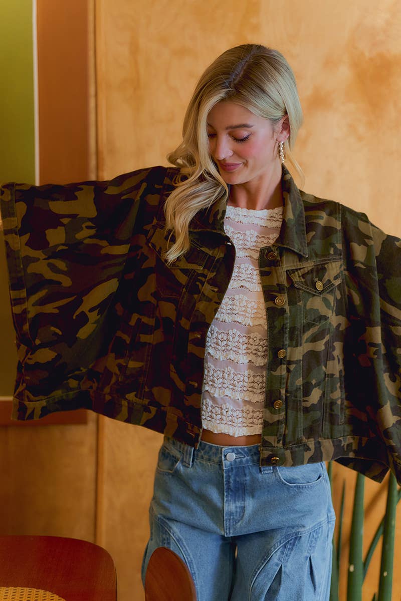 PREORDER WOMEN OVERSIZED CAPE SLEEVE DENIM TRUCKER JACKET: CAMOUFLAGE
