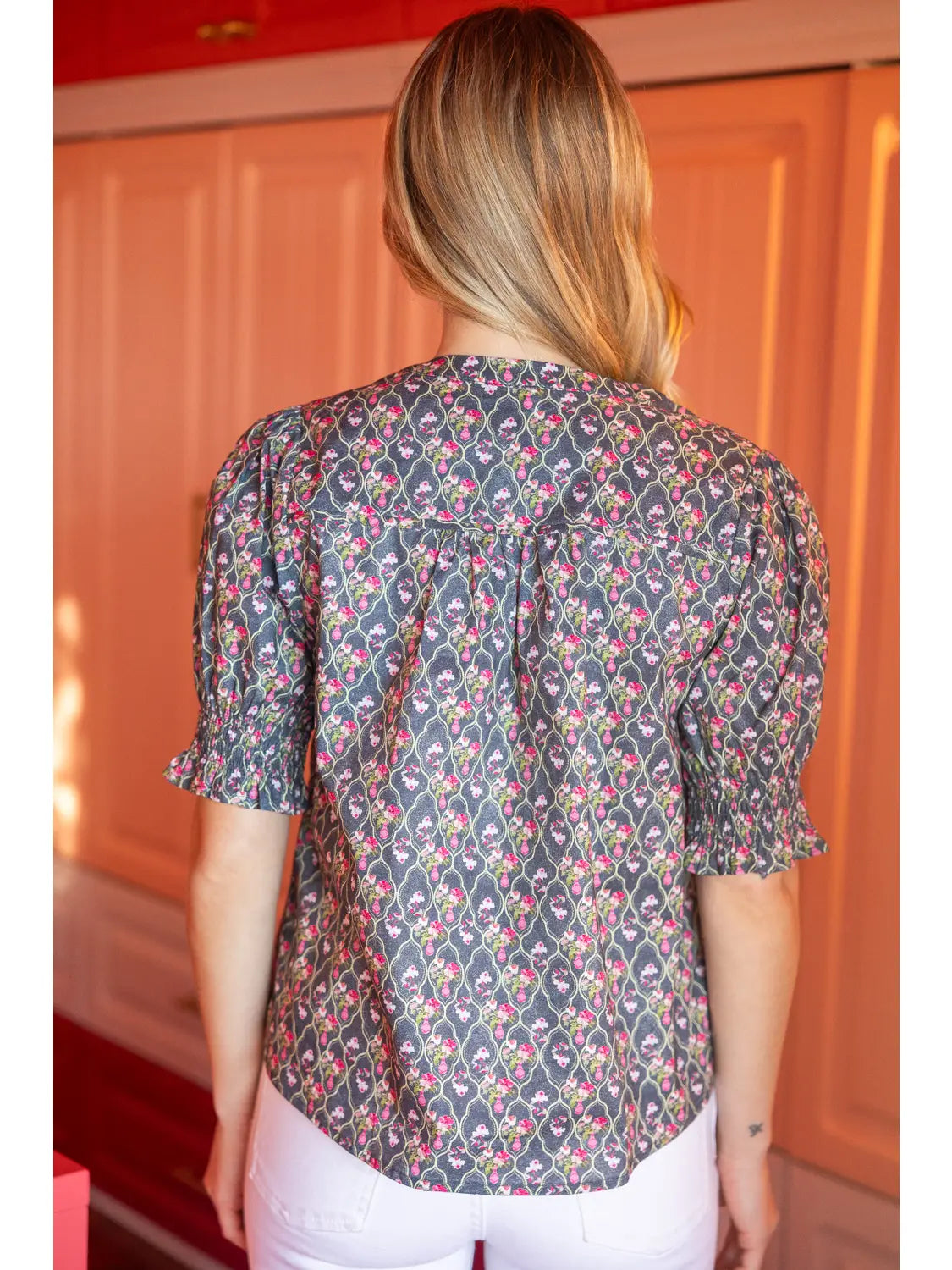 Smocked Short Puff Sleeve Floral Top