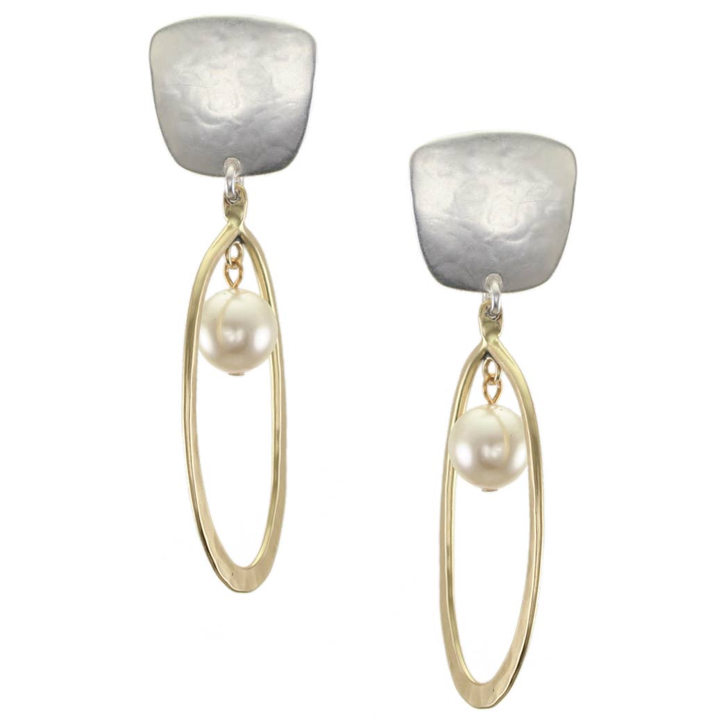 Tapered Square with Oval Hoop and Pearl Clip or Post Earring: Clip