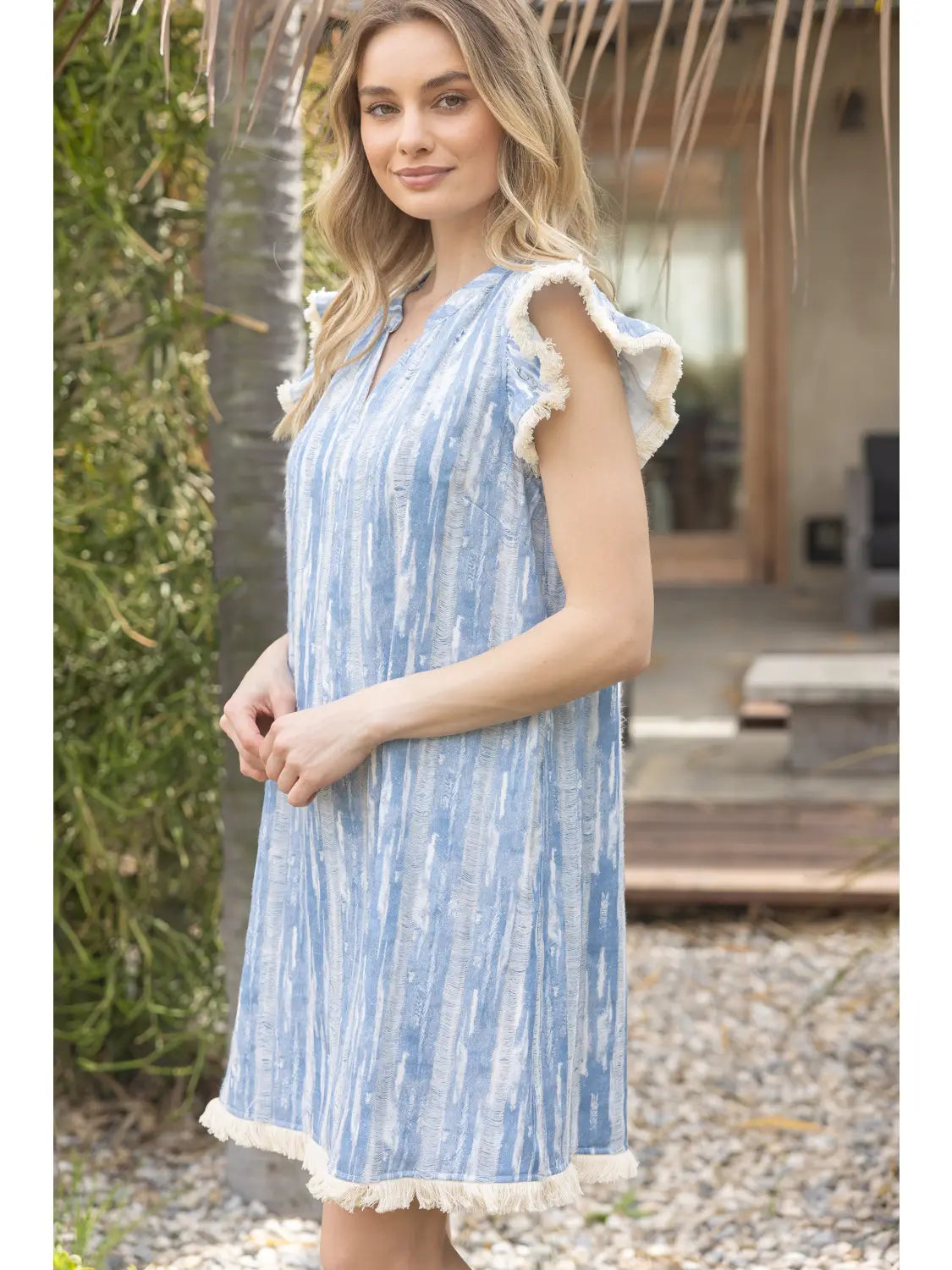 Blue Textured Ruffle Sleeve Dress